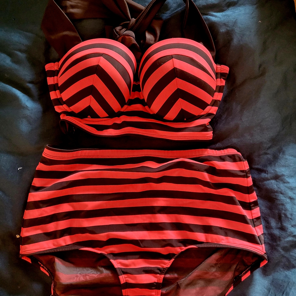Red and Black Striped Bikini Set